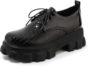 SEIFIN Women's Patent Leather Chunky Heel Platform Oxfords Creeper Lug Sole Shoes Height Increase Gothic Lace Up Pumps