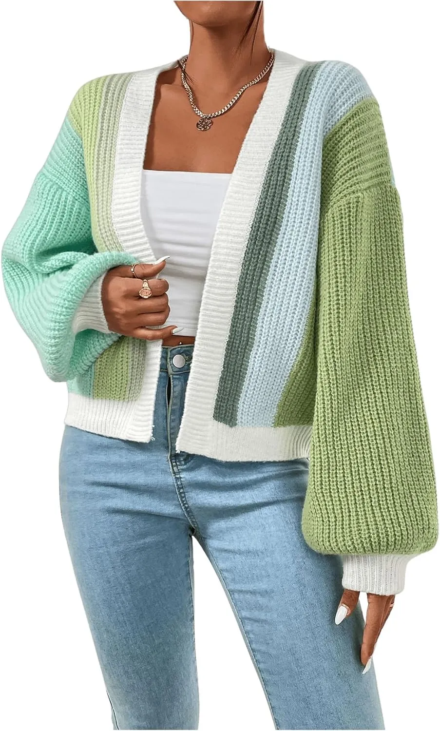 SHENHE Women's Color Block Open Front Long Sleeve Ribbed Knit Cropped Cardigan Sweaters