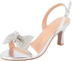 SheSole Women's Bow Rhinestones Dress Sandals Kitten Heels Sparkle Wedding Shoes for Bride Open Toe