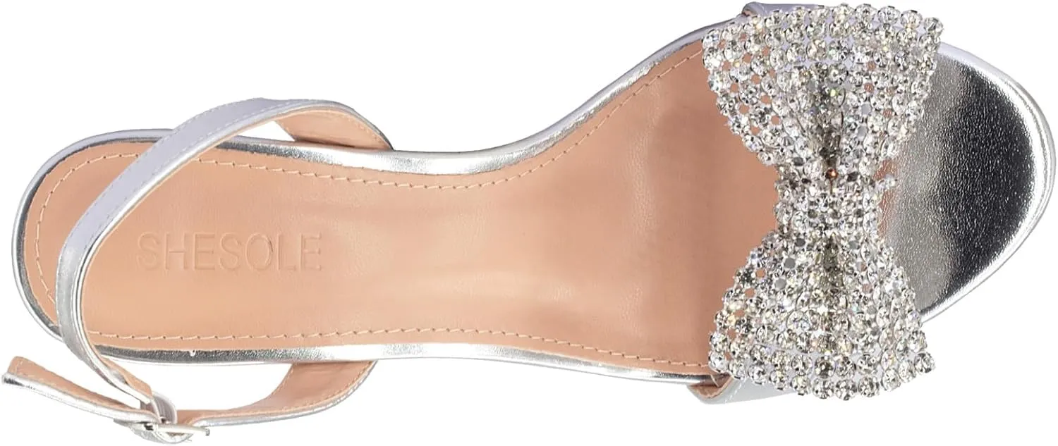 SheSole Women's Bow Rhinestones Dress Sandals Kitten Heels Sparkle Wedding Shoes for Bride Open Toe