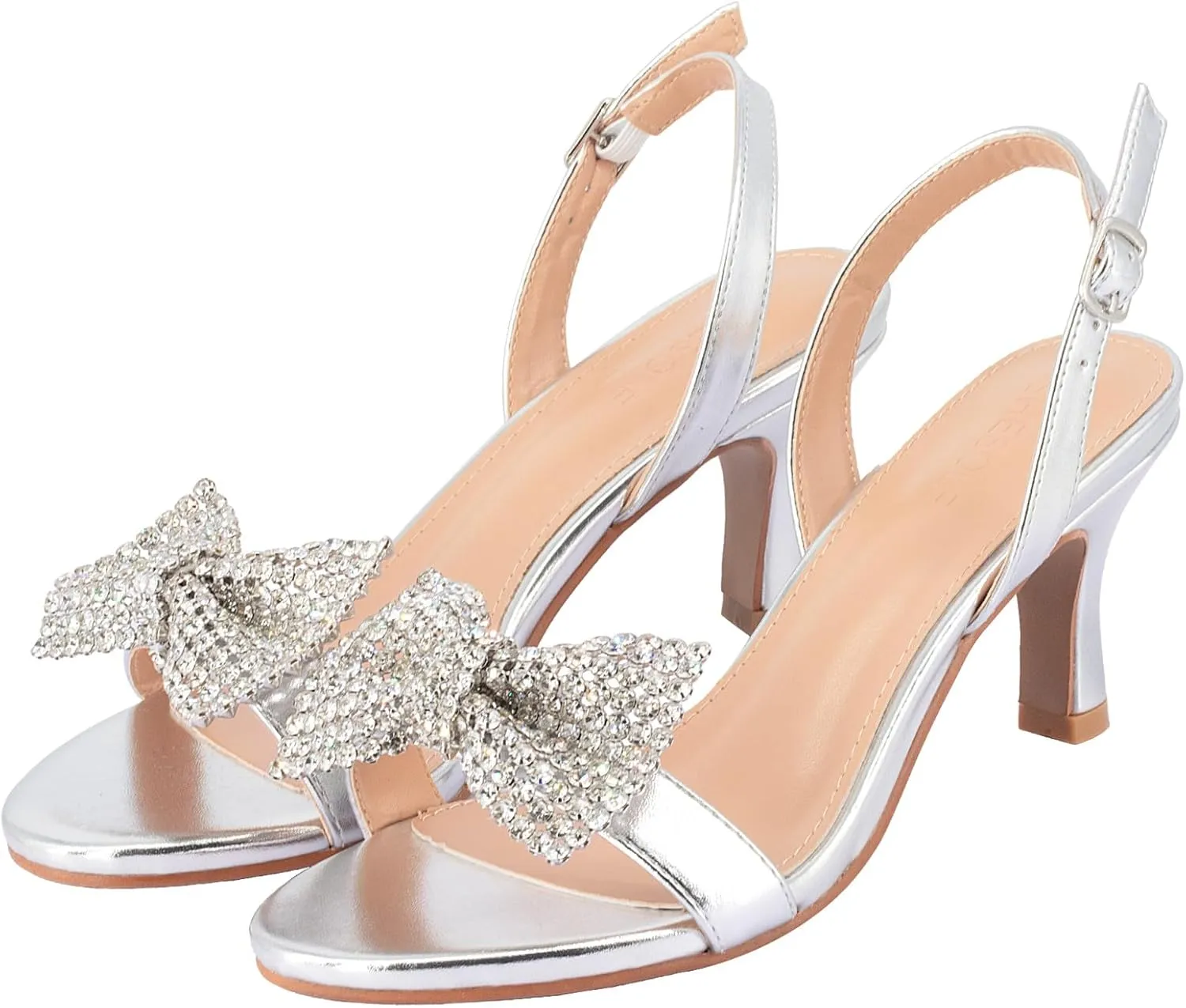 SheSole Women's Bow Rhinestones Dress Sandals Kitten Heels Sparkle Wedding Shoes for Bride Open Toe