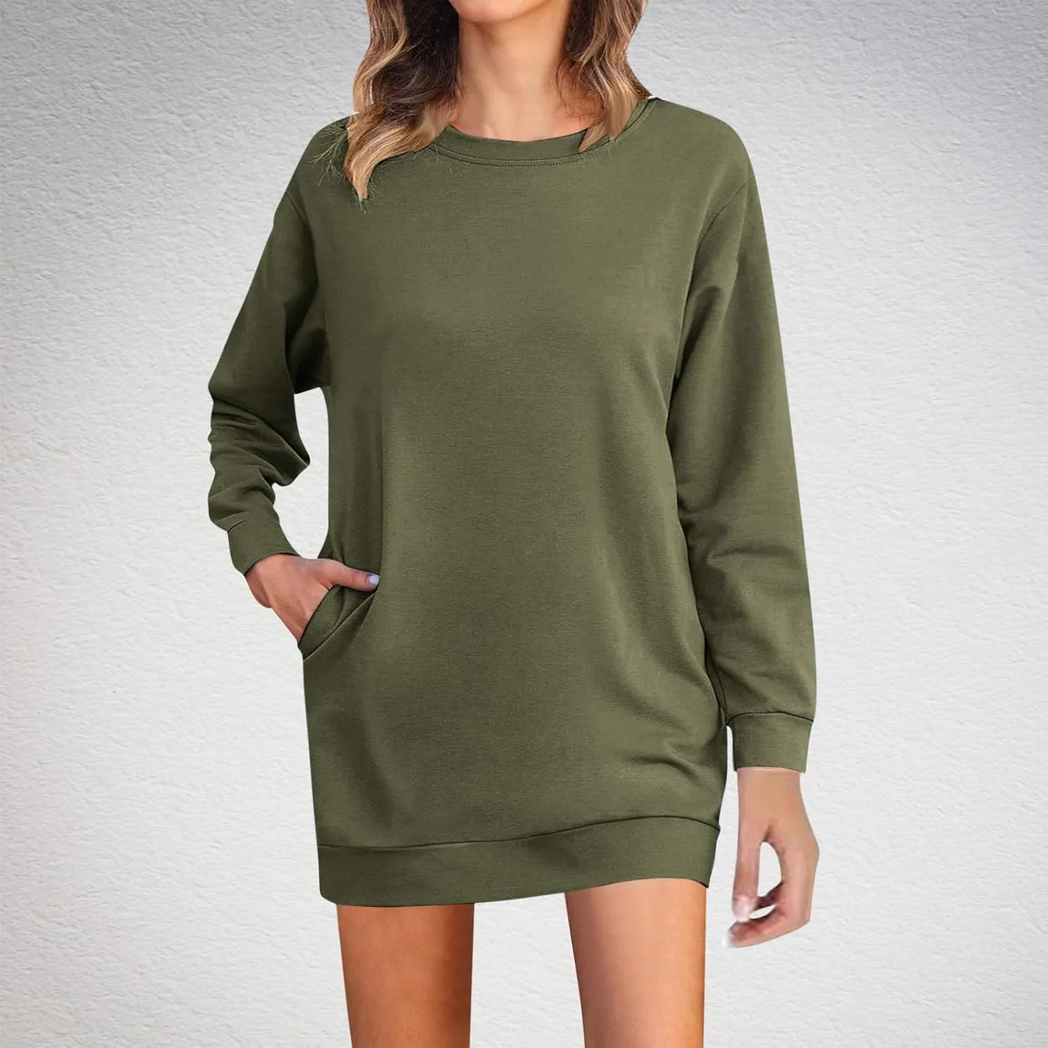 Shirt Dresses for Women 2024 Fashion Long Sleeve Sweatshirt Dress Crewneck Mini Dress with Pockets Fall Pullover Top
