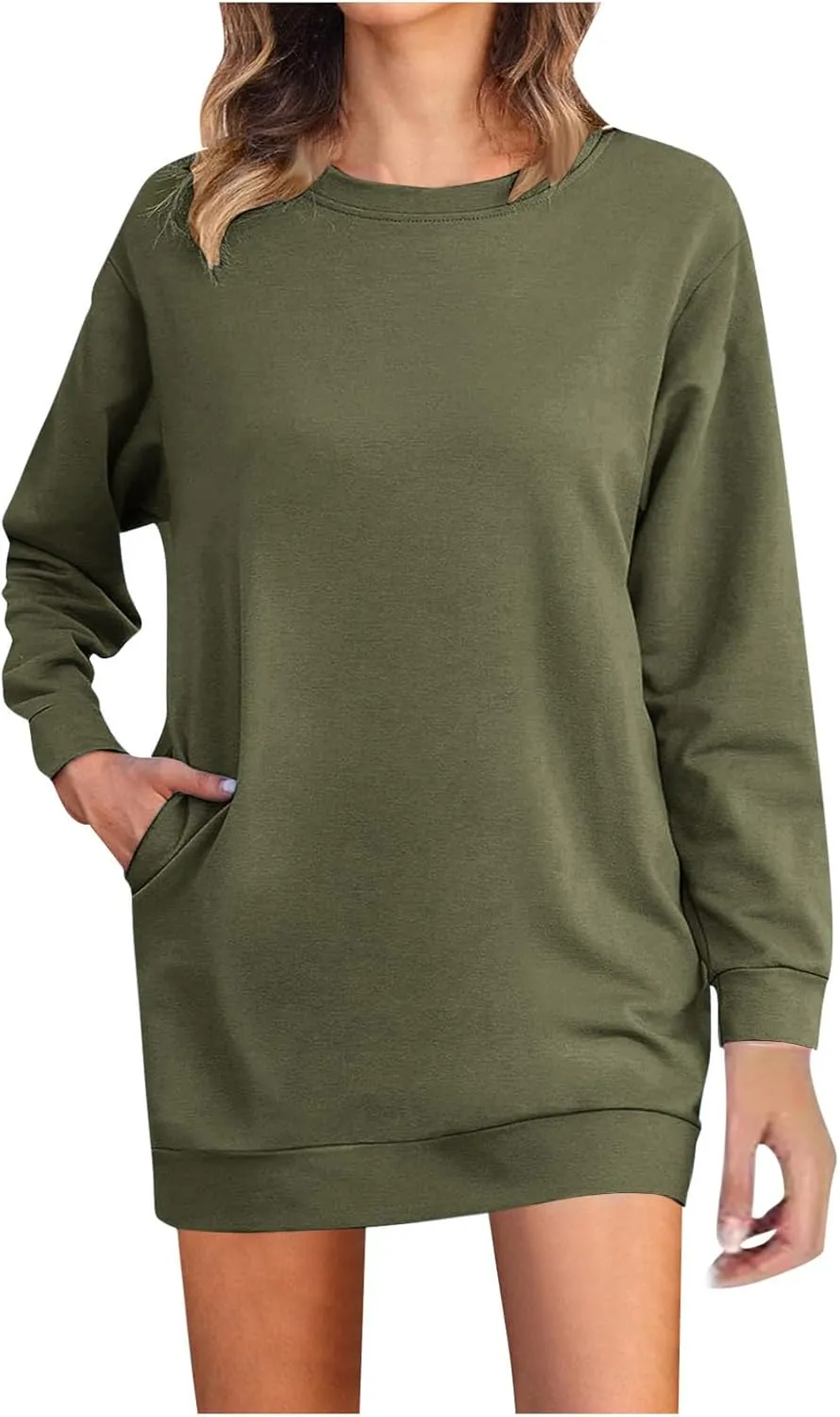 Shirt Dresses for Women 2024 Fashion Long Sleeve Sweatshirt Dress Crewneck Mini Dress with Pockets Fall Pullover Top