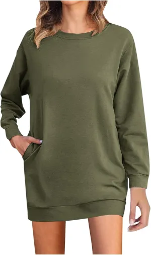 Shirt Dresses for Women 2024 Fashion Long Sleeve Sweatshirt Dress Crewneck Mini Dress with Pockets Fall Pullover Top
