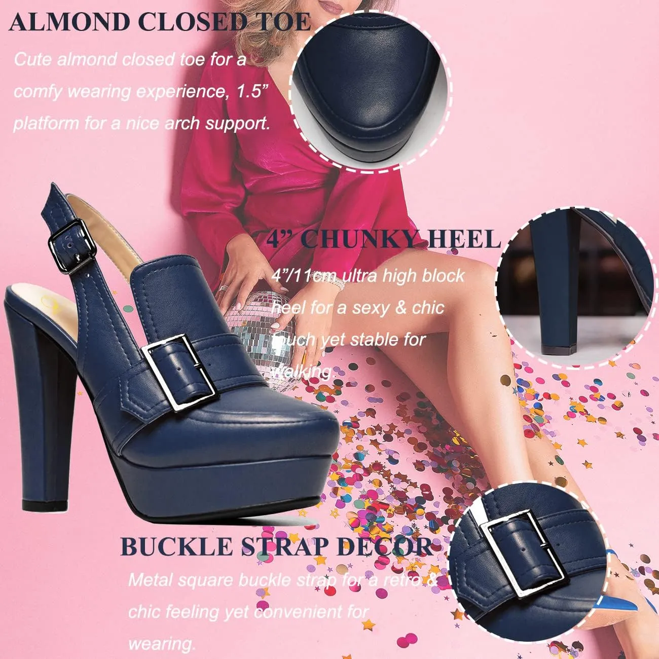 SHODENSE Women Vintage Platform Chunky High Heels Pumps Shoes Round Closed Toe Platform Loafers Ankle Strap Block Heel Slingback Summer Sandals Backless Buckle Loafer Ladies Sexy Chic Party 4-11 M US