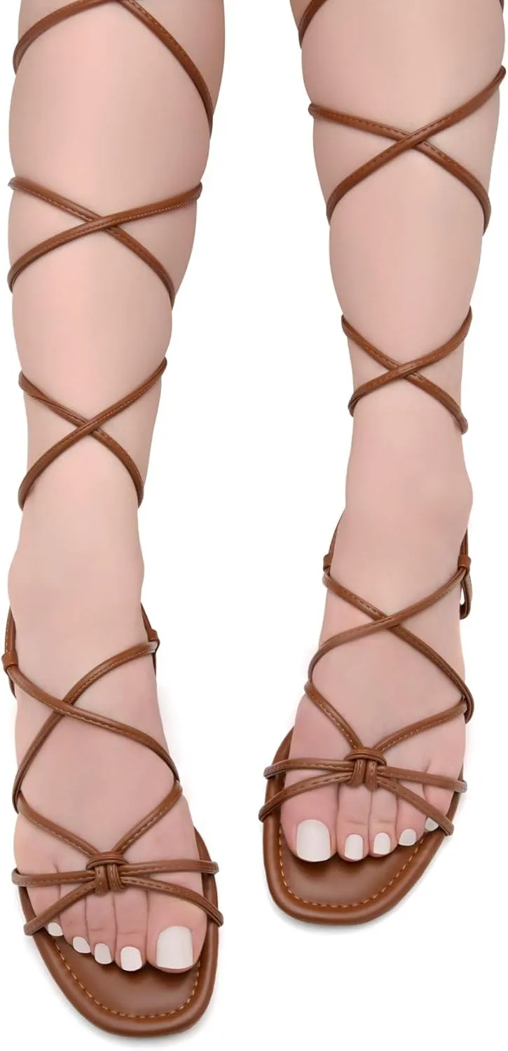 Shoe Land Women’s Flat Lace Up Sandals – Strappy Gladiator Sandals with Adjustable Crisscross Ankle Straps | Comfortable Open Toe Shoes for Summer, Beach & Travel