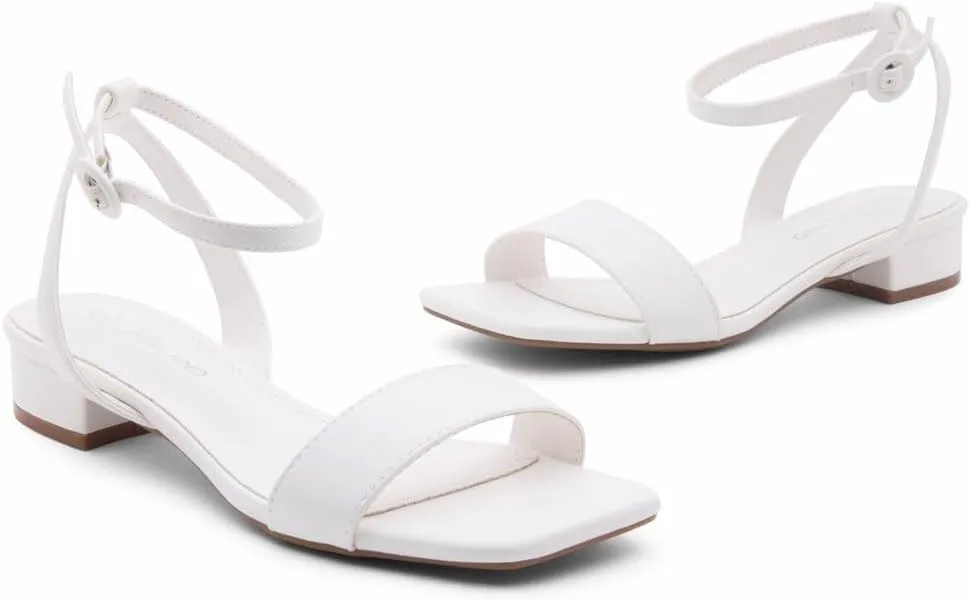 Shoe Land Women's Low Heels Dressy Sandals for 2025-1 Inch Chunky Block Short Heels | Square Open Toe with Adjustable Ankle Strap | Wedding & Party Heeled Sandals