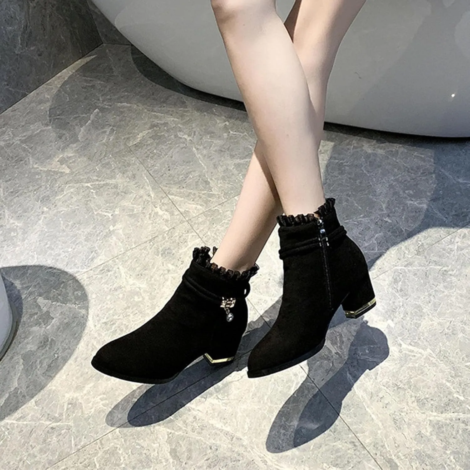 Shoes for Woman Large Size Fringe Back Zipper Short Boots Anti Slip Chunky Heel Snow Boots Classic Outdoor Boots