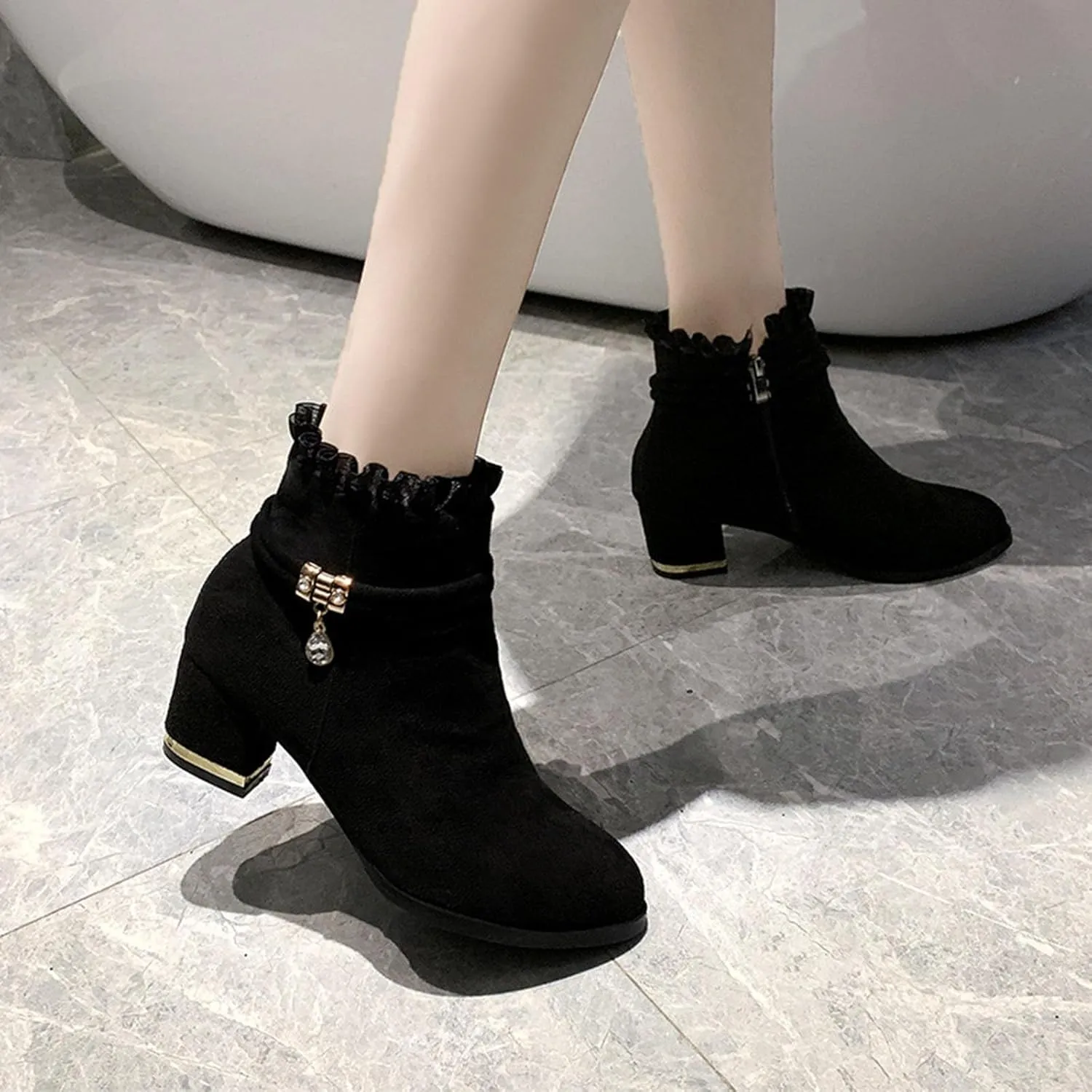 Shoes for Woman Large Size Fringe Back Zipper Short Boots Anti Slip Chunky Heel Snow Boots Classic Outdoor Boots