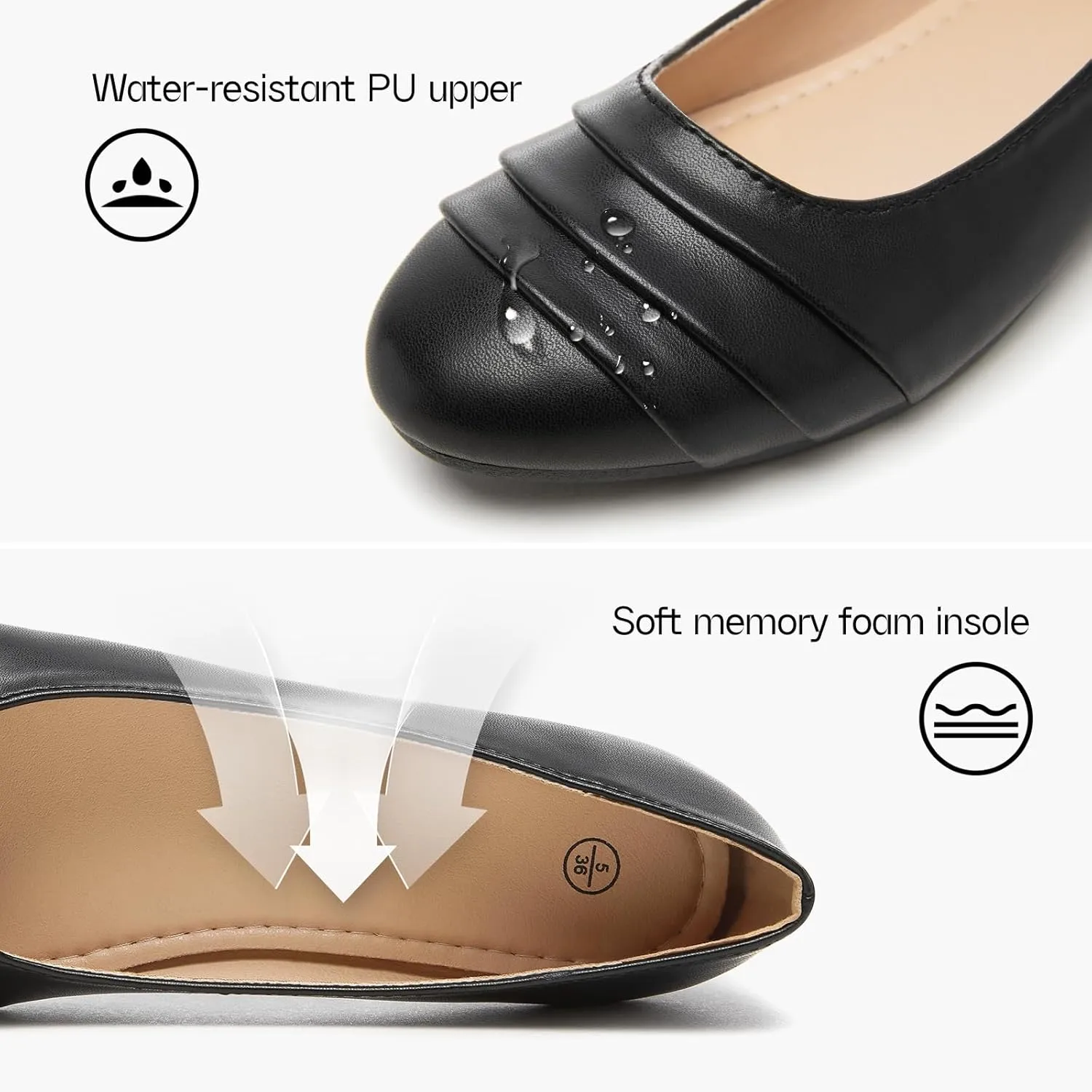 Shupua Women's Dressy Comfortable Flats Shoes Black Leather Work Ballet Flats Round Toe Dress Shoes
