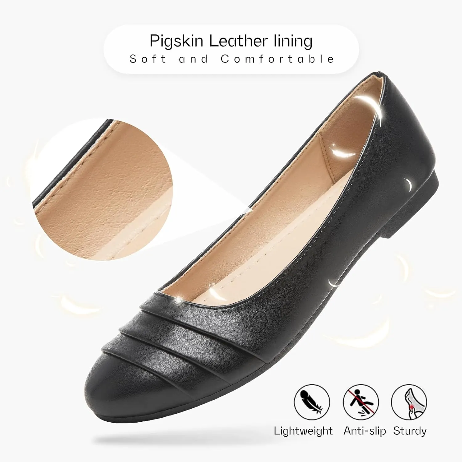 Shupua Women's Dressy Comfortable Flats Shoes Black Leather Work Ballet Flats Round Toe Dress Shoes