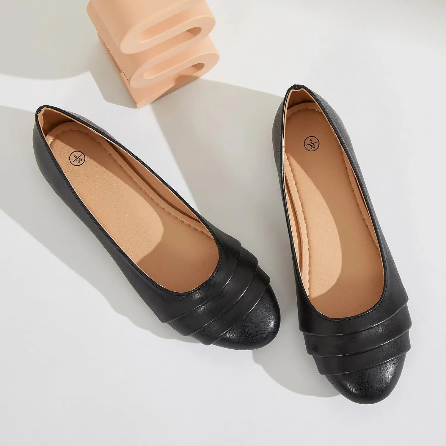 Shupua Women's Dressy Comfortable Flats Shoes Black Leather Work Ballet Flats Round Toe Dress Shoes