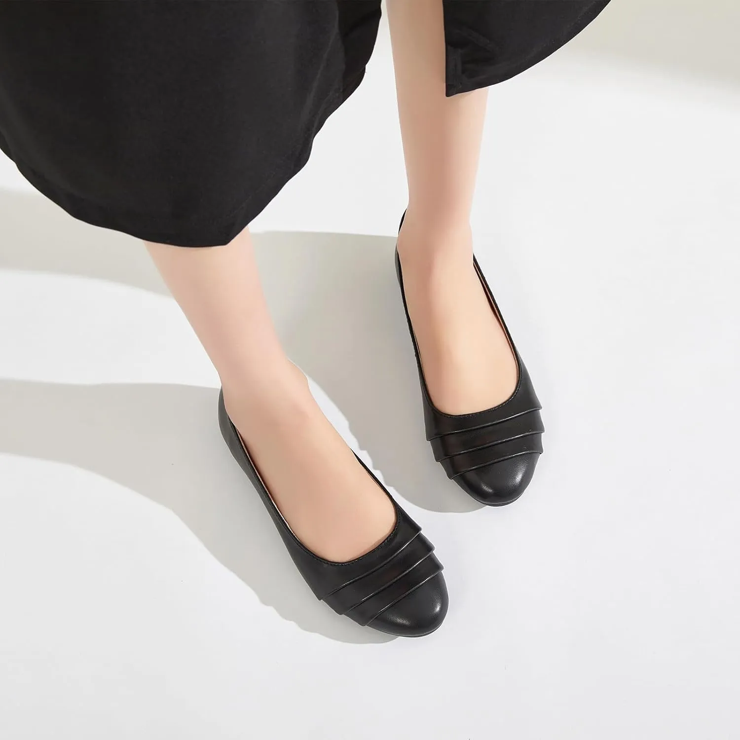 Shupua Women's Dressy Comfortable Flats Shoes Black Leather Work Ballet Flats Round Toe Dress Shoes