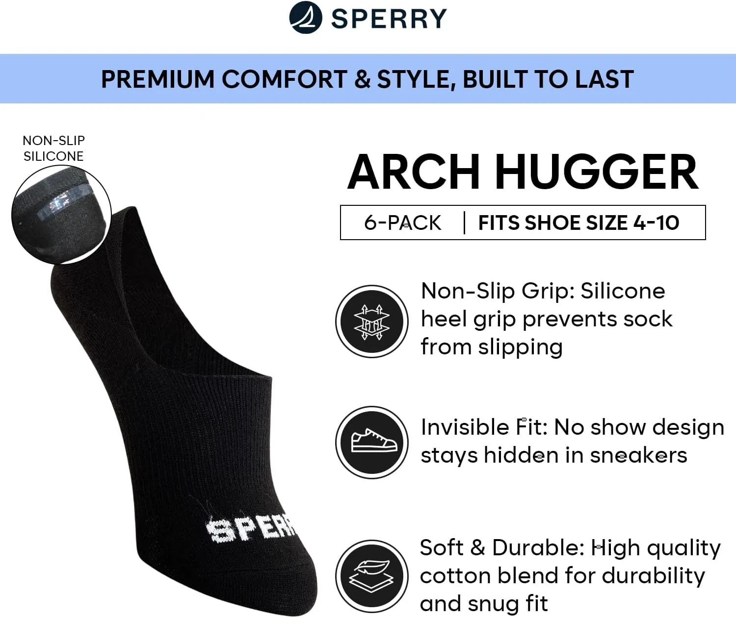 Sperry Women's 6-Pack Arch Hugger Liner Socks – No Show, Non-Slip, Cushioned, Invisible Socks for Women Sneaker, Low Cut