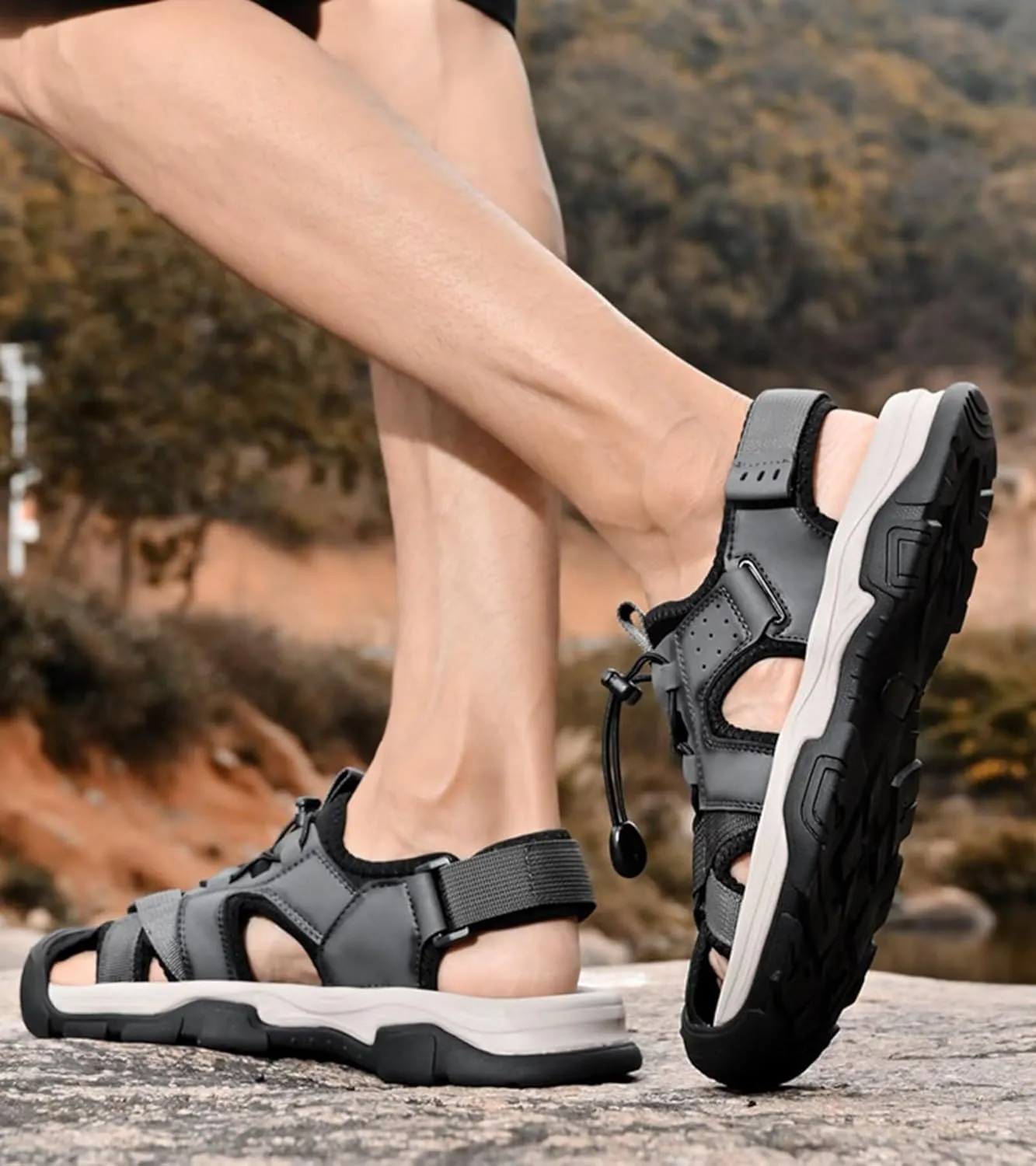 Sports Outdoor Closed Toe Leather Sandals Summer Men's Beach Shoes Casual Trekking Walking Hiking Sandals