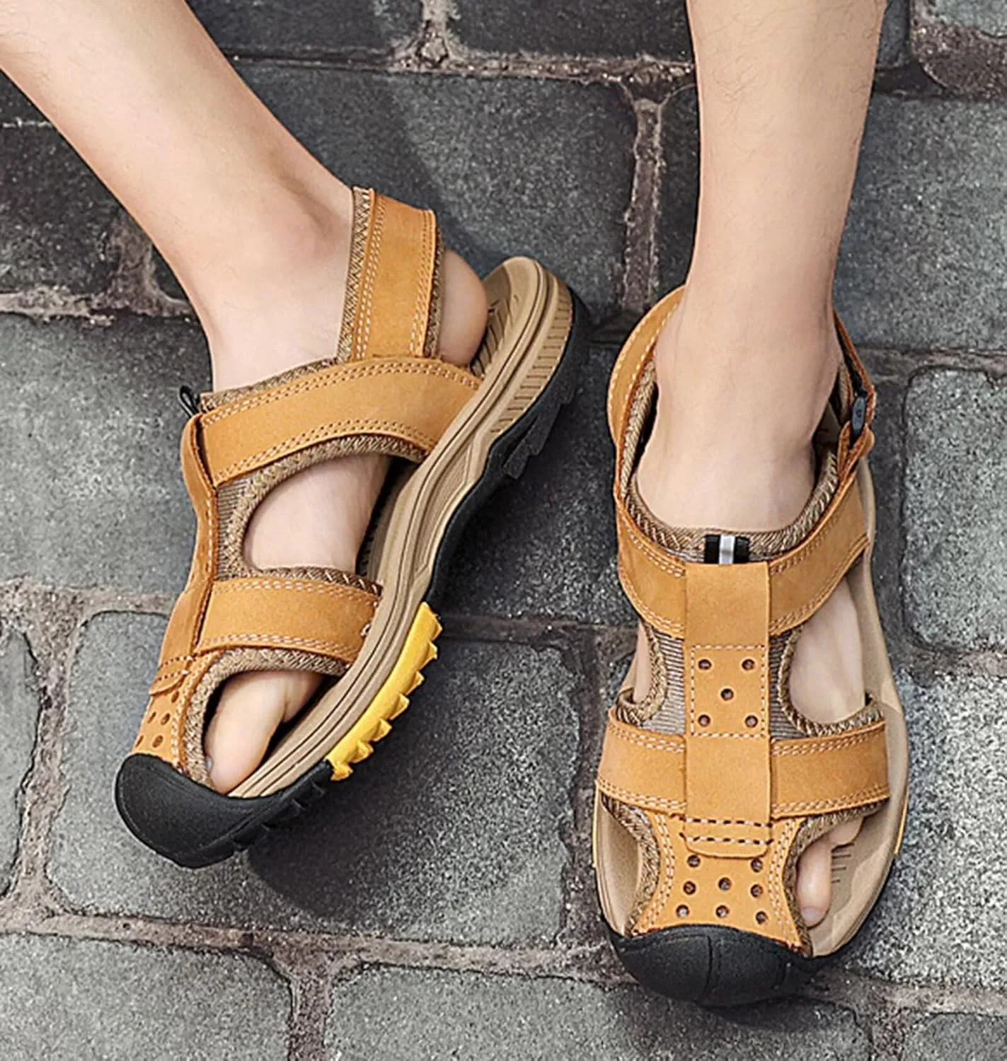 Sports Outdoor Sandals Summer Men's Beach Shoes Leather Sandals for Men Closed Toe Trekking Walking Hiking Sandals Shoes