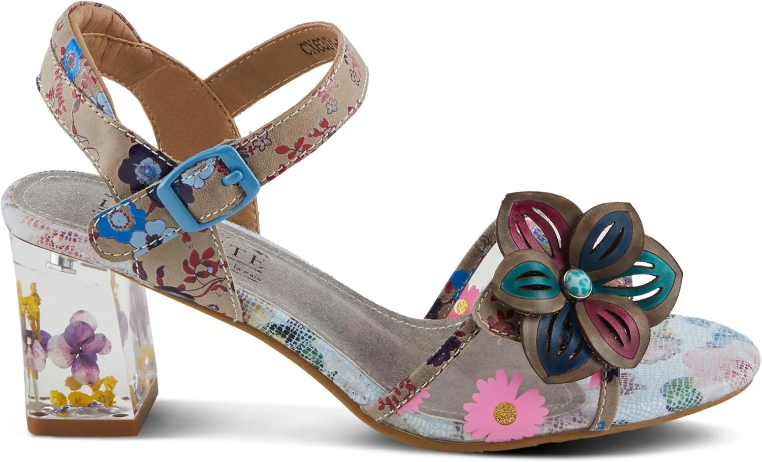 Spring Step L'Artiste Women's BREAKAWAY Floral Sandals - Dried Flower Block Heel, Hook and Loop Closure
