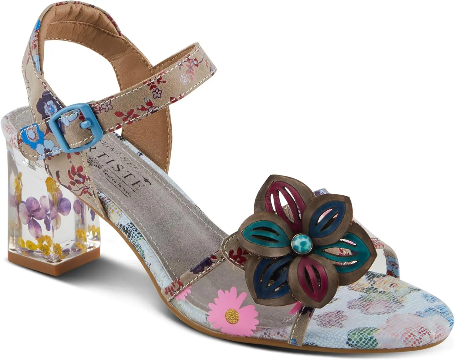 Spring Step L'Artiste Women's BREAKAWAY Floral Sandals - Dried Flower Block Heel, Hook and Loop Closure