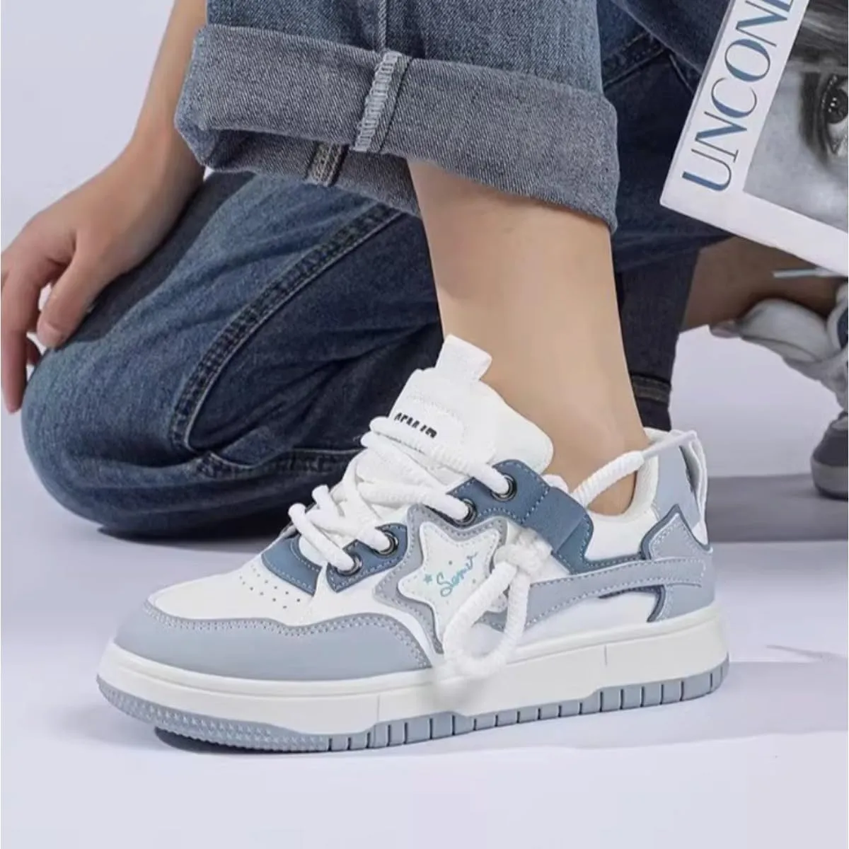Star Dreamer Sneakers Kawaii Pastel Platform Shoes for Teen Girls and Young Women | Cute Korean Fashion Sneakers with Star Charm | Blue Aesthetic Streetwear