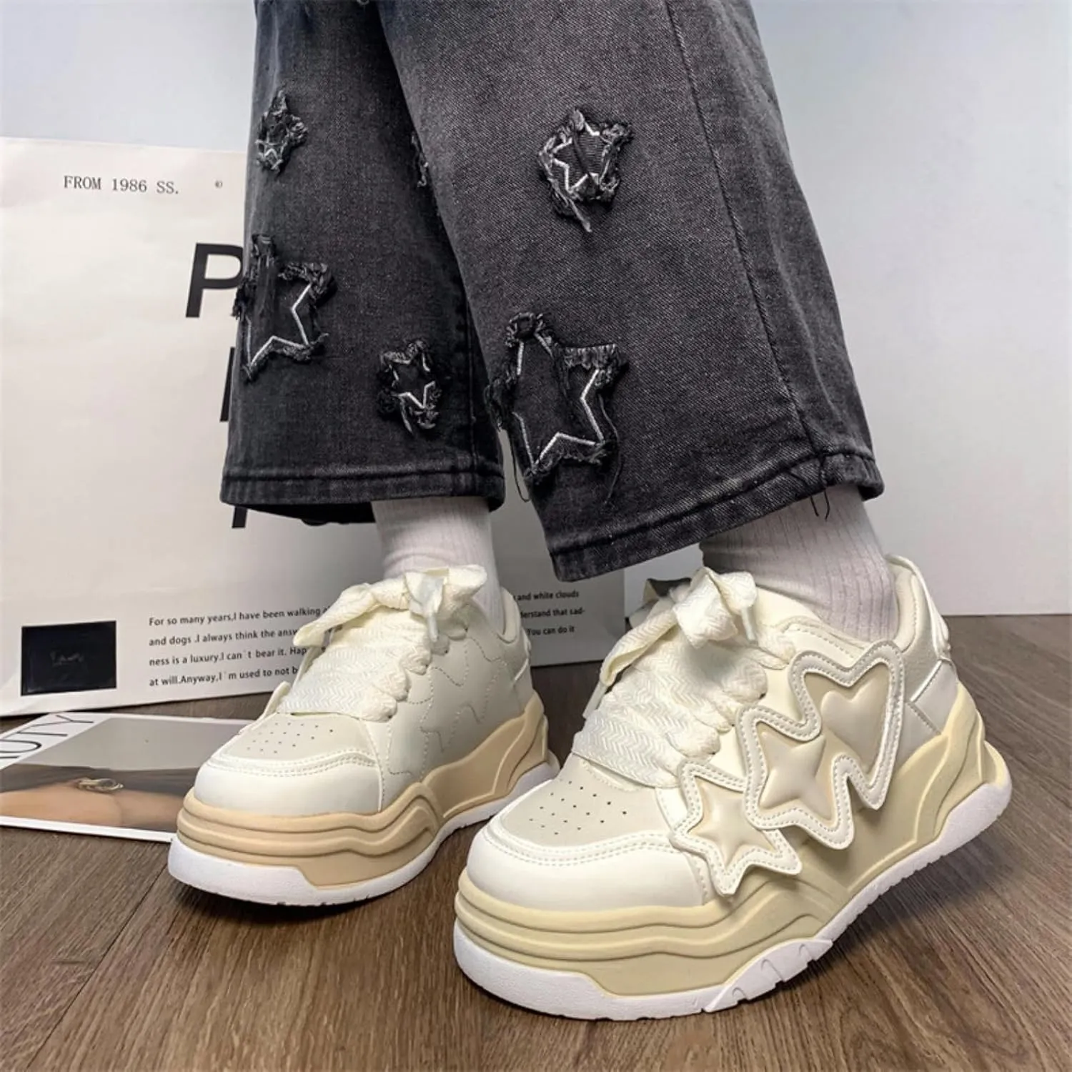 Star Motif Platform Shoes - Chunky Sneakers for Women, Aesthetic Shoes, Star Platform Shoes