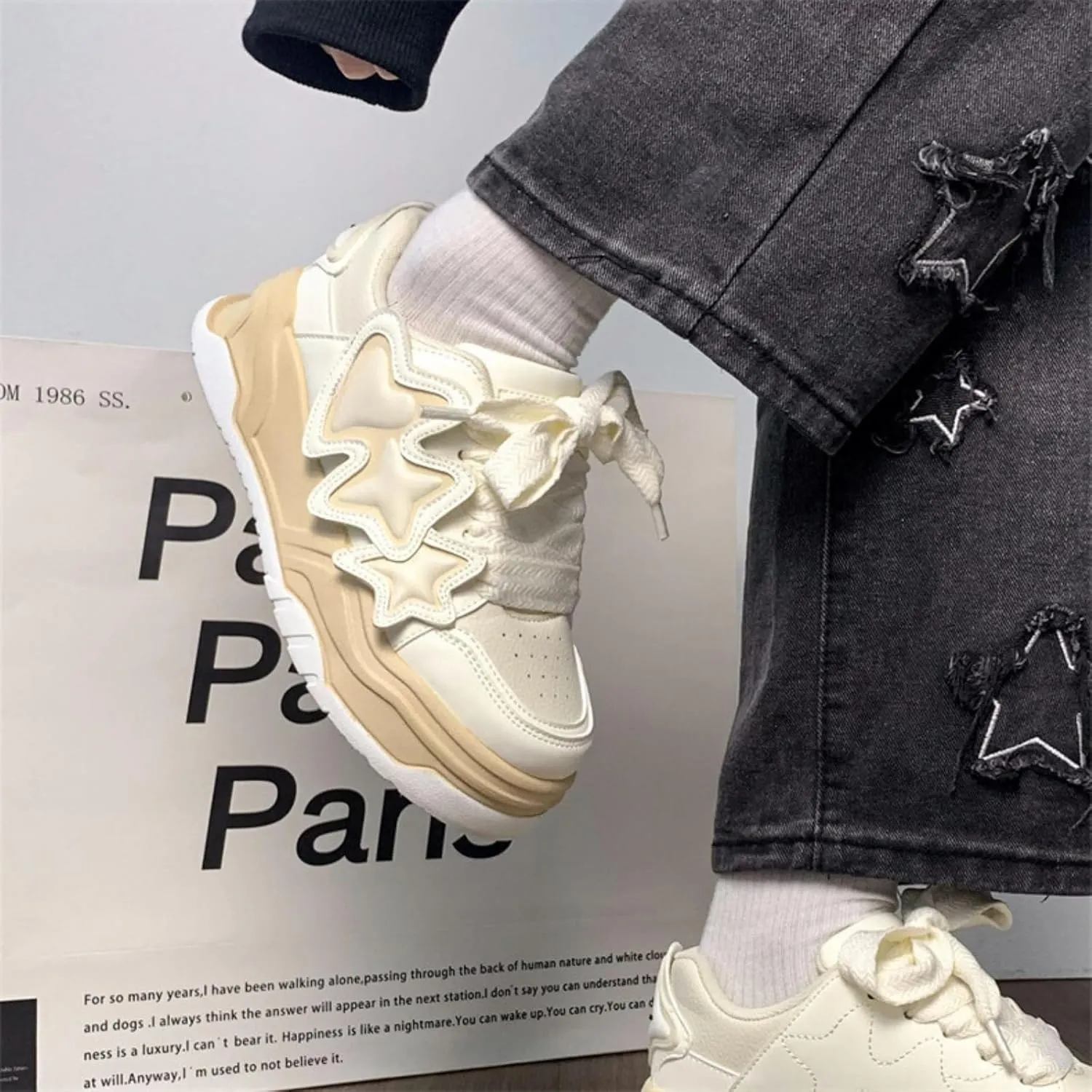Star Motif Platform Shoes - Chunky Sneakers for Women, Aesthetic Shoes, Star Platform Shoes