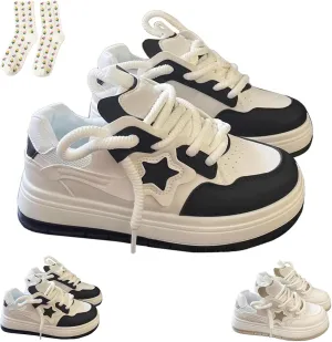 Star Shoes Walking Sneakers for Women Low Top Lace-up Comfort Casual Shoes Y2K Aesthetic Chunky Platform Sneakers