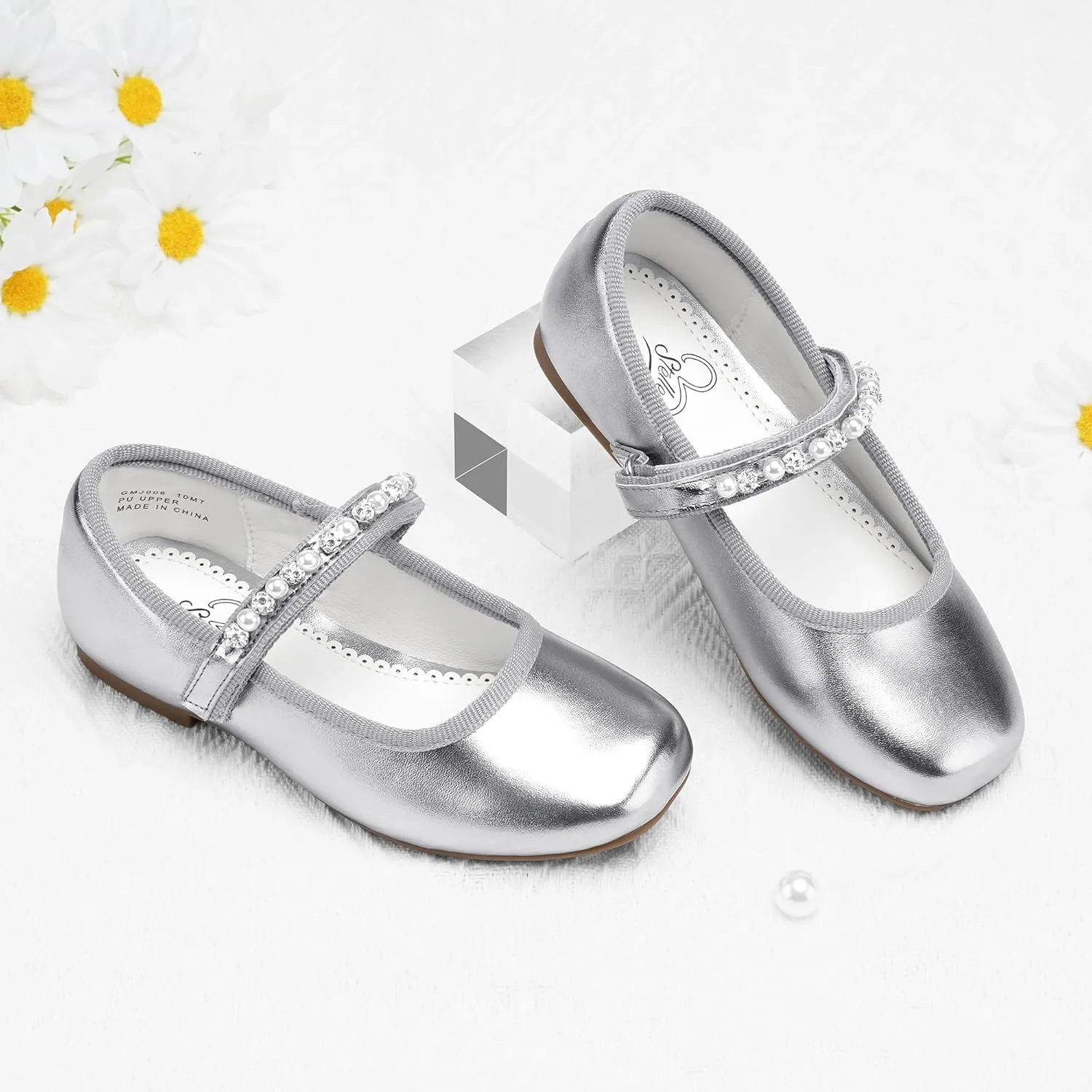 Stelle Girls Wedding Dress Shoes Ballet Flats Flower Party Mary Jane with Beaded Straps Toddler/Little/Big Kids
