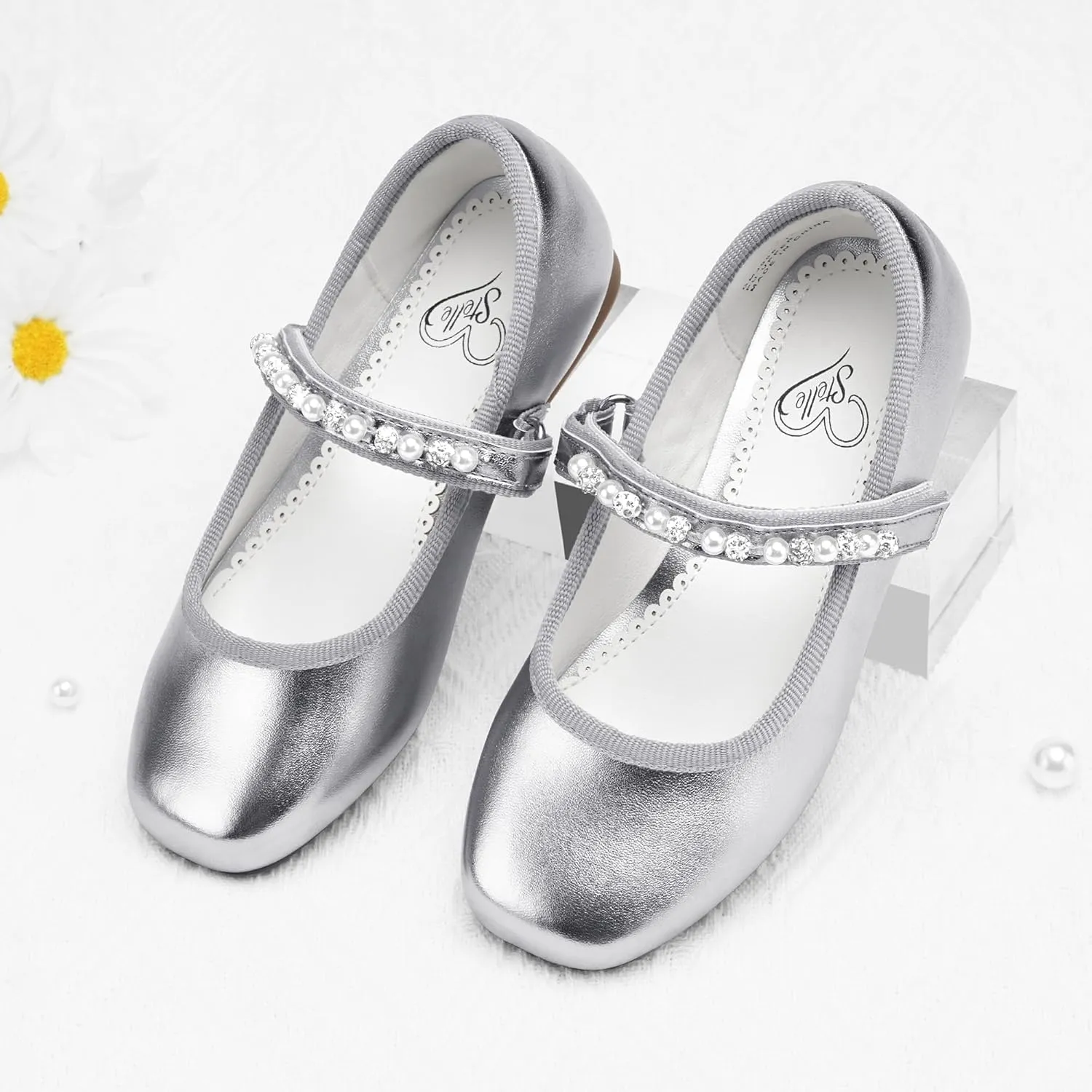 Stelle Girls Wedding Dress Shoes Ballet Flats Flower Party Mary Jane with Beaded Straps Toddler/Little/Big Kids