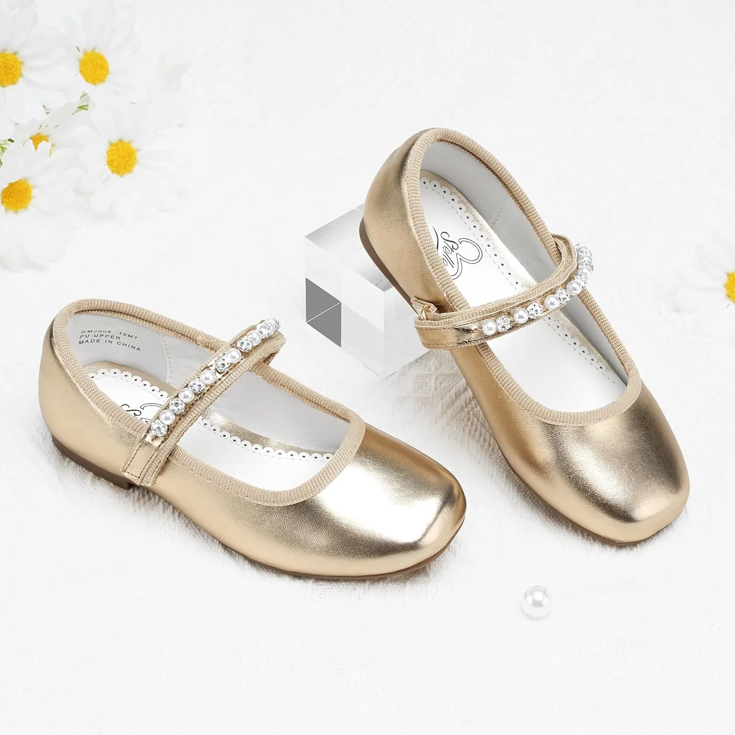 Stelle Girls Wedding Dress Shoes Ballet Flats Flower Party Mary Jane with Beaded Straps Toddler/Little/Big Kids