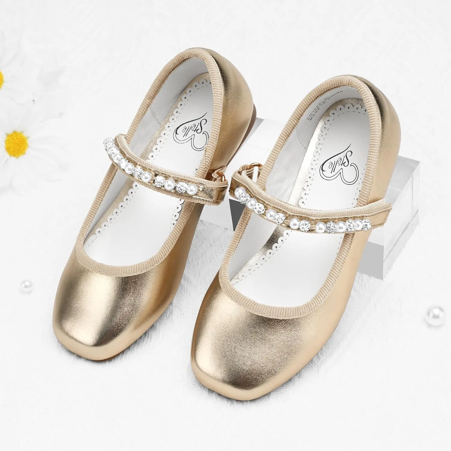 Stelle Girls Wedding Dress Shoes Ballet Flats Flower Party Mary Jane with Beaded Straps Toddler/Little/Big Kids