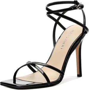 Strappy High Stiletto Heels, Ankle Strap Heeled Sandals for Women, Sexy Square Open Toe Heels for Wedding Party Dress