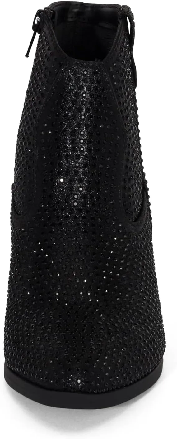 STYLISH S BLING ~ Womens Sparkly Rhinestone Western Cowgirl Ankle Boots Low Stacked Heel Pointed Toe with Side Zipper