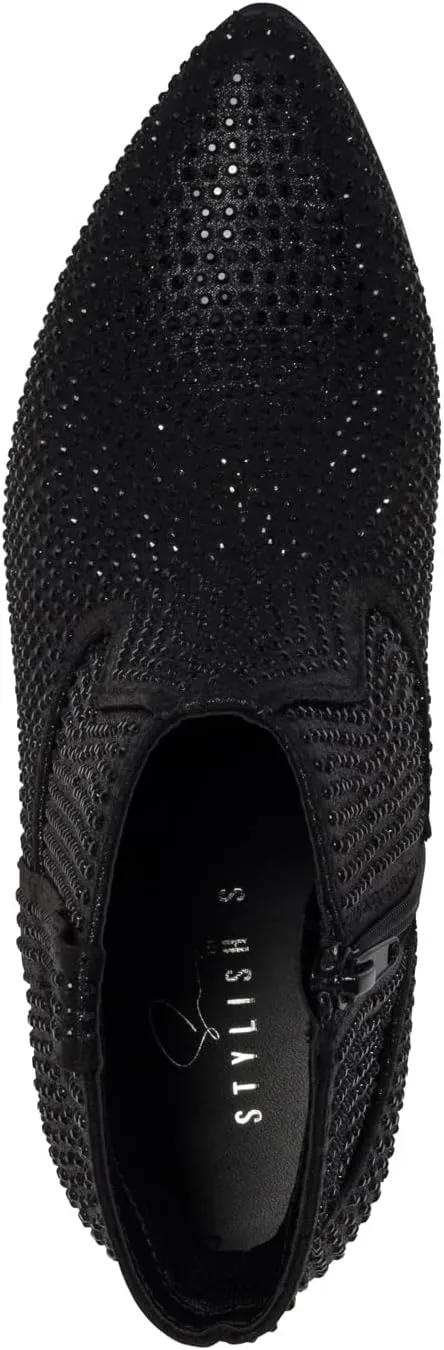 STYLISH S BLING ~ Womens Sparkly Rhinestone Western Cowgirl Ankle Boots Low Stacked Heel Pointed Toe with Side Zipper