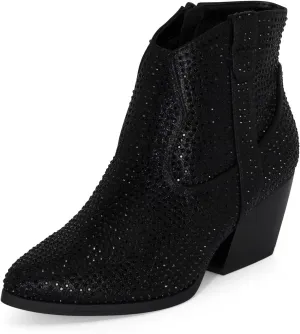 STYLISH S BLING ~ Womens Sparkly Rhinestone Western Cowgirl Ankle Boots Low Stacked Heel Pointed Toe with Side Zipper