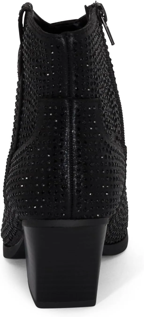 STYLISH S BLING ~ Womens Sparkly Rhinestone Western Cowgirl Ankle Boots Low Stacked Heel Pointed Toe with Side Zipper