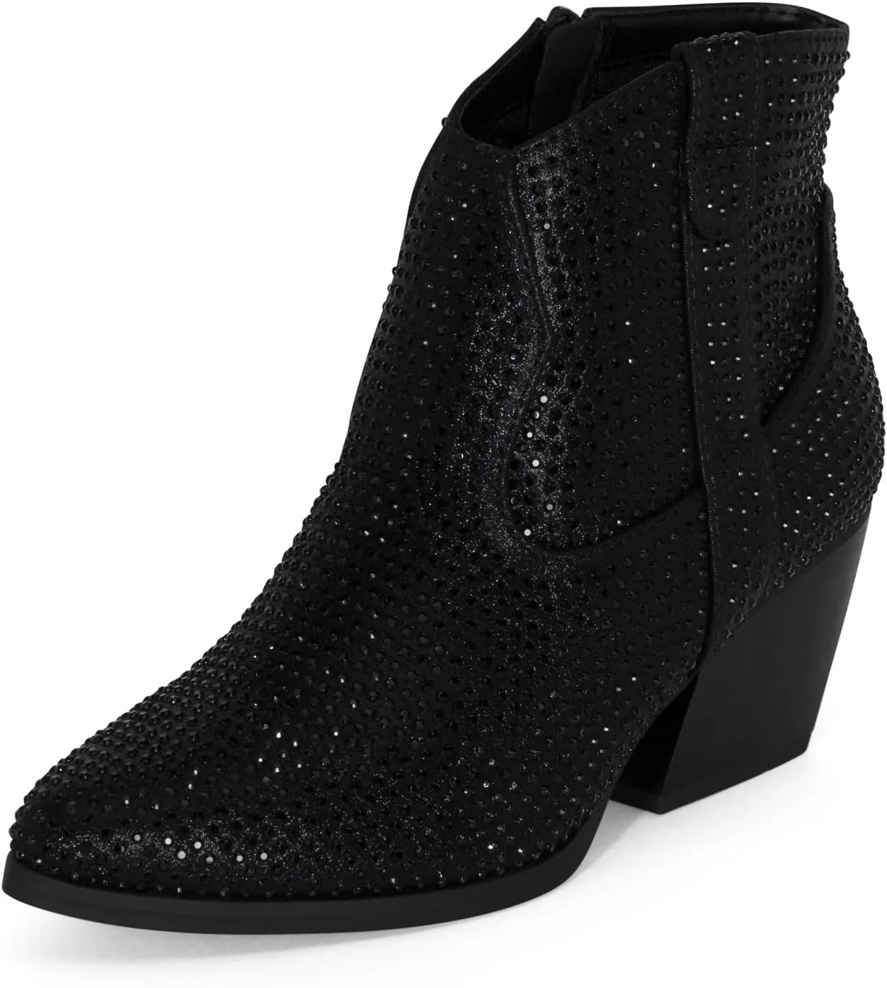 STYLISH S BLING ~ Womens Sparkly Rhinestone Western Cowgirl Ankle Boots Low Stacked Heel Pointed Toe with Side Zipper