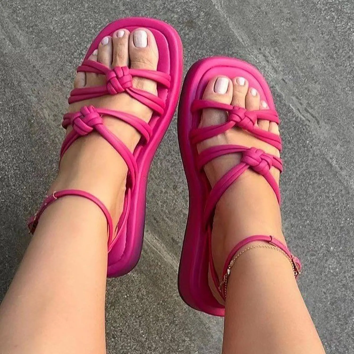 Summer Braided Strap Flat Sandals for Women Adjustable Slingback Strap Beach Sandales Casual Comfortable Footwear