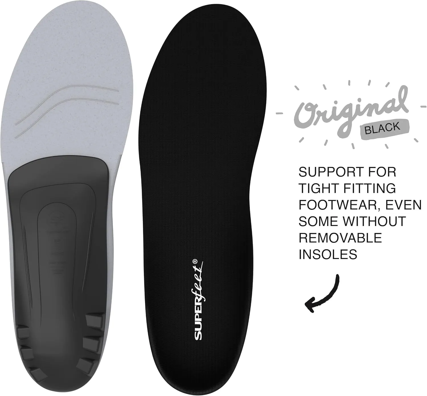 Superfeet All-Purpose Support Low Arch Insoles (Black) - Trim-To-Fit Orthotic Shoe Inserts for Thin, Tight Shoes - Professional Grade - 5.5-7 Men / 6.5-8 Women