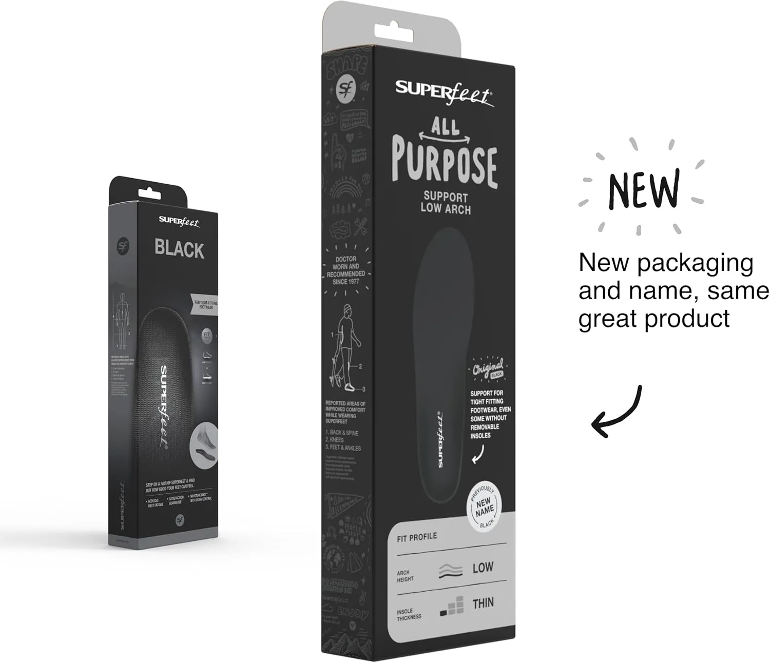 Superfeet All-Purpose Support Low Arch Insoles (Black) - Trim-To-Fit Orthotic Shoe Inserts for Thin, Tight Shoes - Professional Grade - 5.5-7 Men / 6.5-8 Women