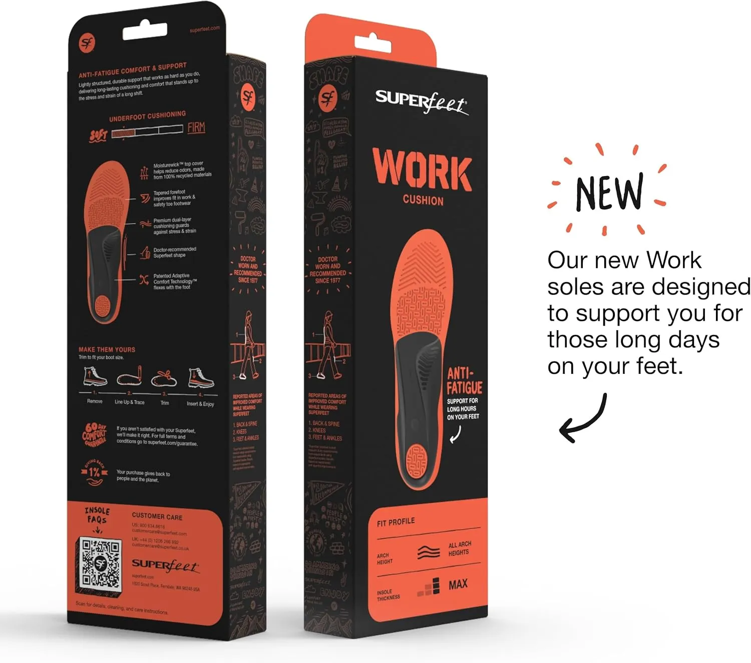 Superfeet Work Cushion - Trim-to-Fit Orthotic Shoe Inserts - Professional Grade - Men 7.5-9 / Women 8.5-10