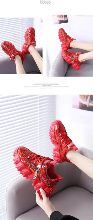 Synthetic Glossy Y2K Chunky Platform Sneakers   for Casual Streetwear Party Dance Looks   Reflective Letter Design with Wave Sole in Silver Black Red Limited Styles