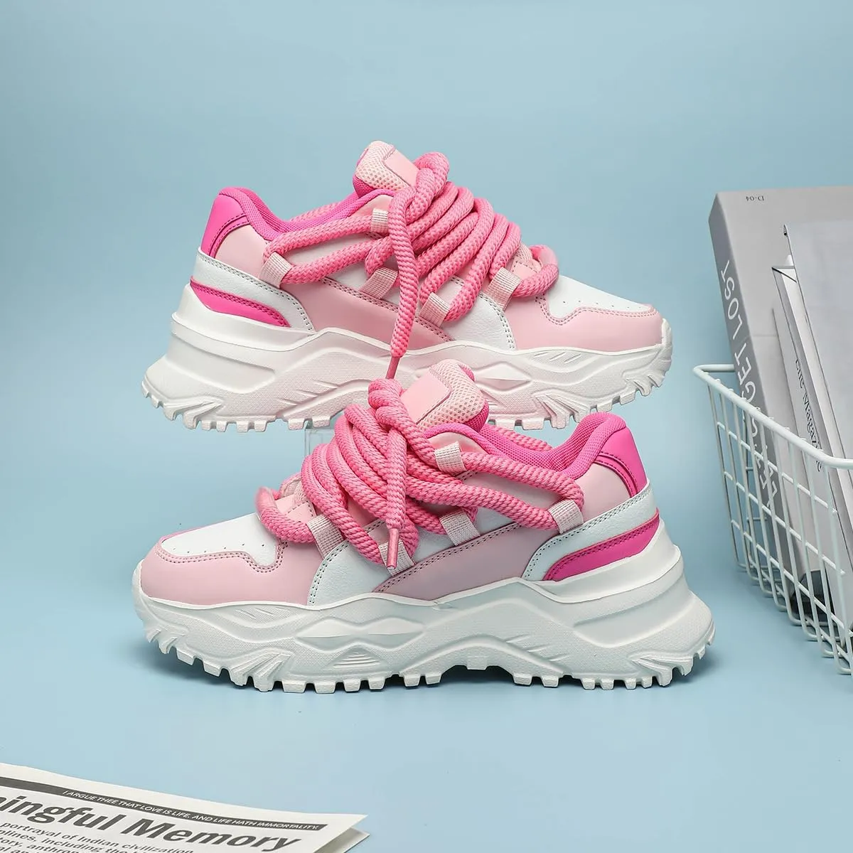 Synthetic Y2K Retro Chunky Platform Sneakers Lace Up Thick Sole Casual Walking Shoes for Streetwear Travel Daily Outfits Women and Teens