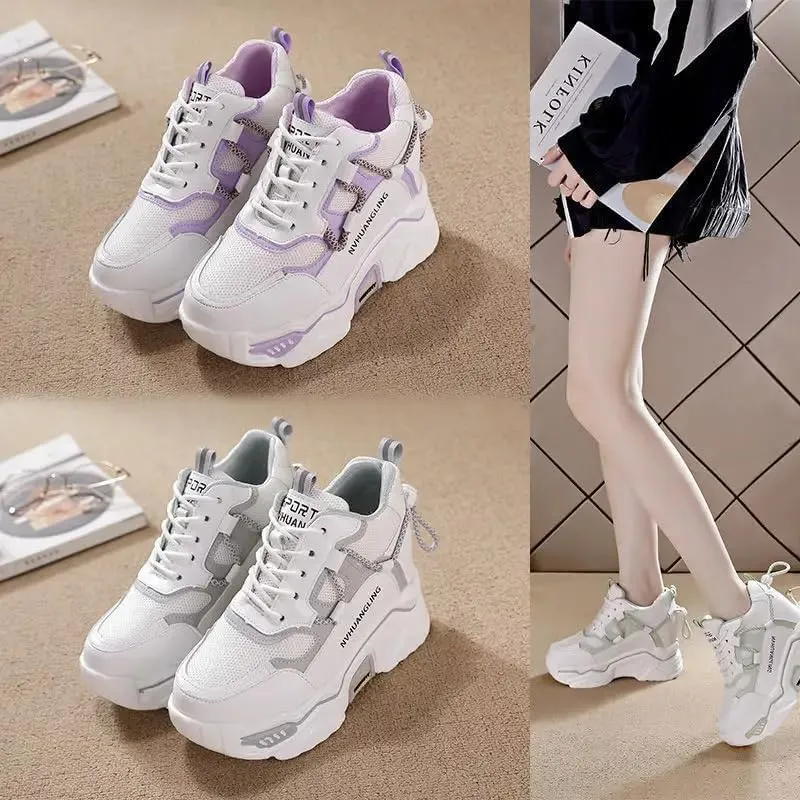 Thick Sole Sports Casual Leather Shoes for Ladies, Womens Platform Sneakers, Oxfords, Air Cushion, Lace-up, High Top, Platform, Retro, Vulcanize, Court, Walking Shoes Lilac