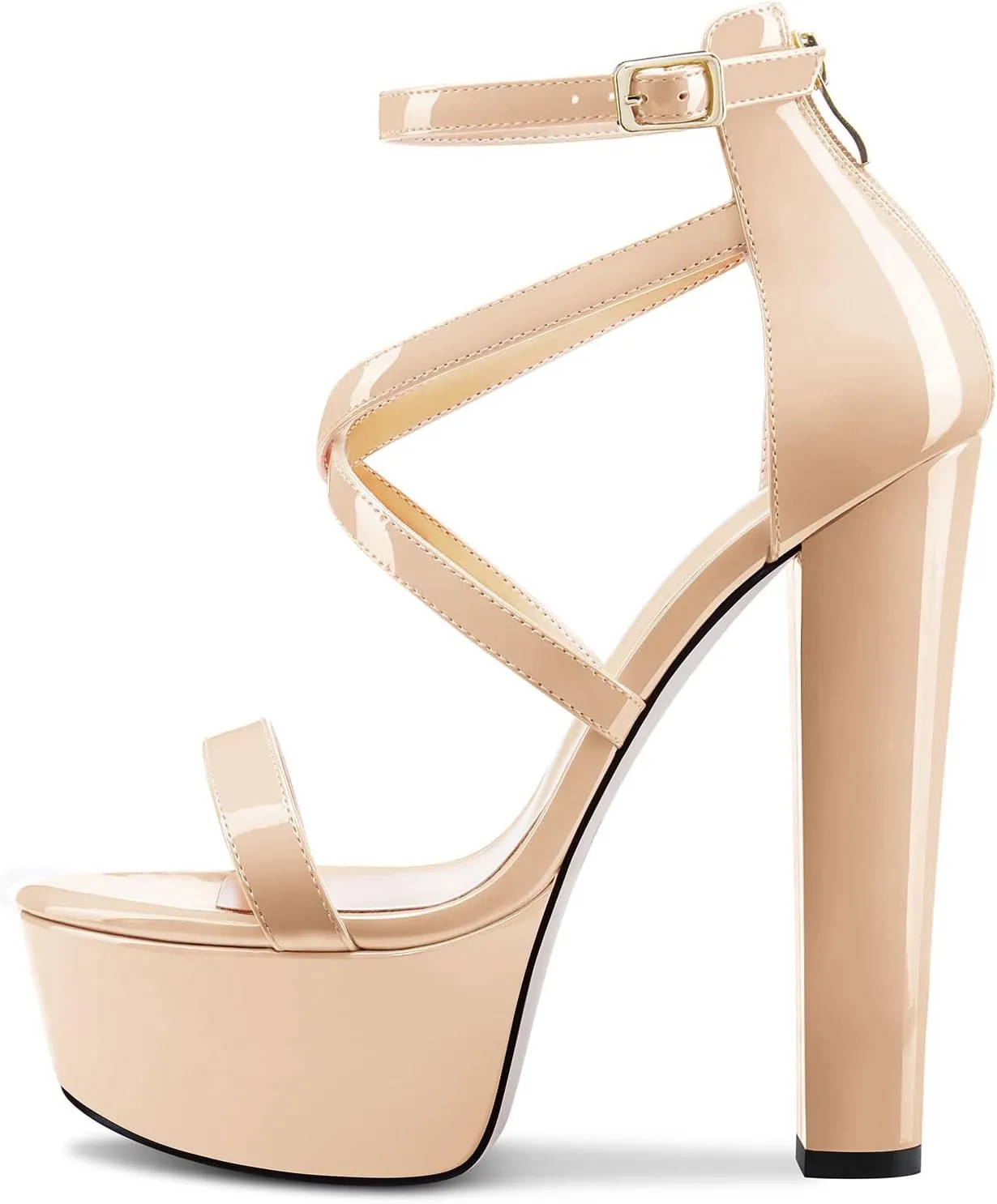 TNYNFBEB Womens Chunky Block High Platform Heel Peep Open Toe Sandals Cross-Strap Zipper Party Basic Classic 5.9 Inches Heels