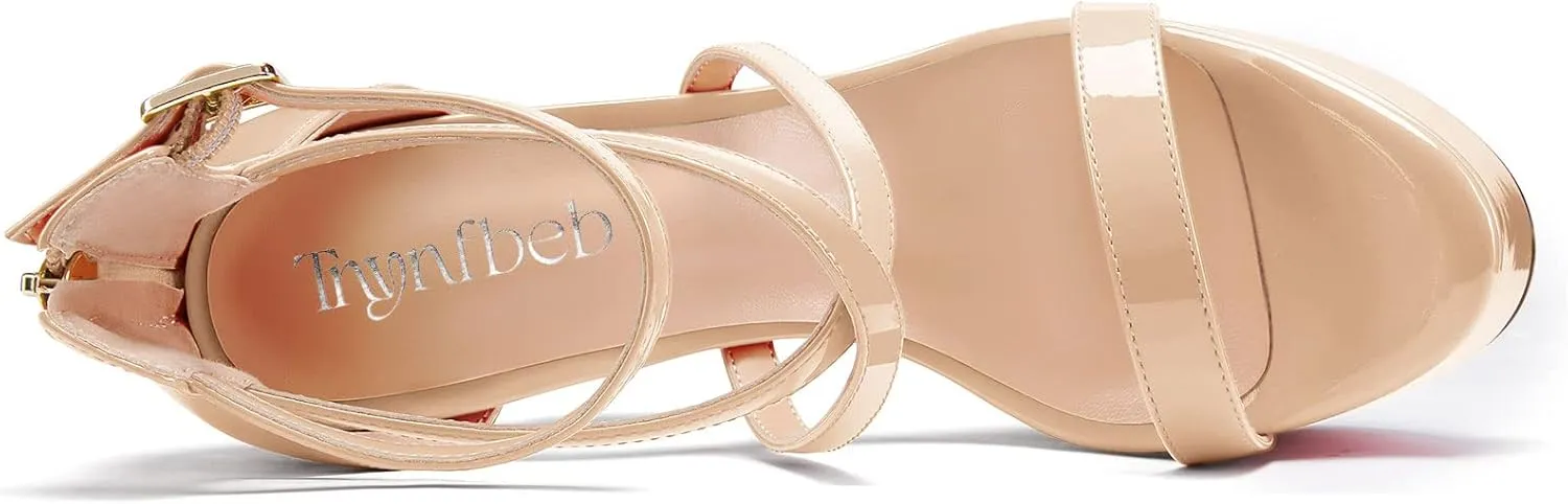 TNYNFBEB Womens Chunky Block High Platform Heel Peep Open Toe Sandals Cross-Strap Zipper Party Basic Classic 5.9 Inches Heels