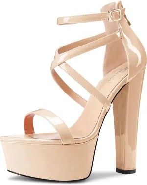 TNYNFBEB Womens Chunky Block High Platform Heel Peep Open Toe Sandals Cross-Strap Zipper Party Basic Classic 5.9 Inches Heels