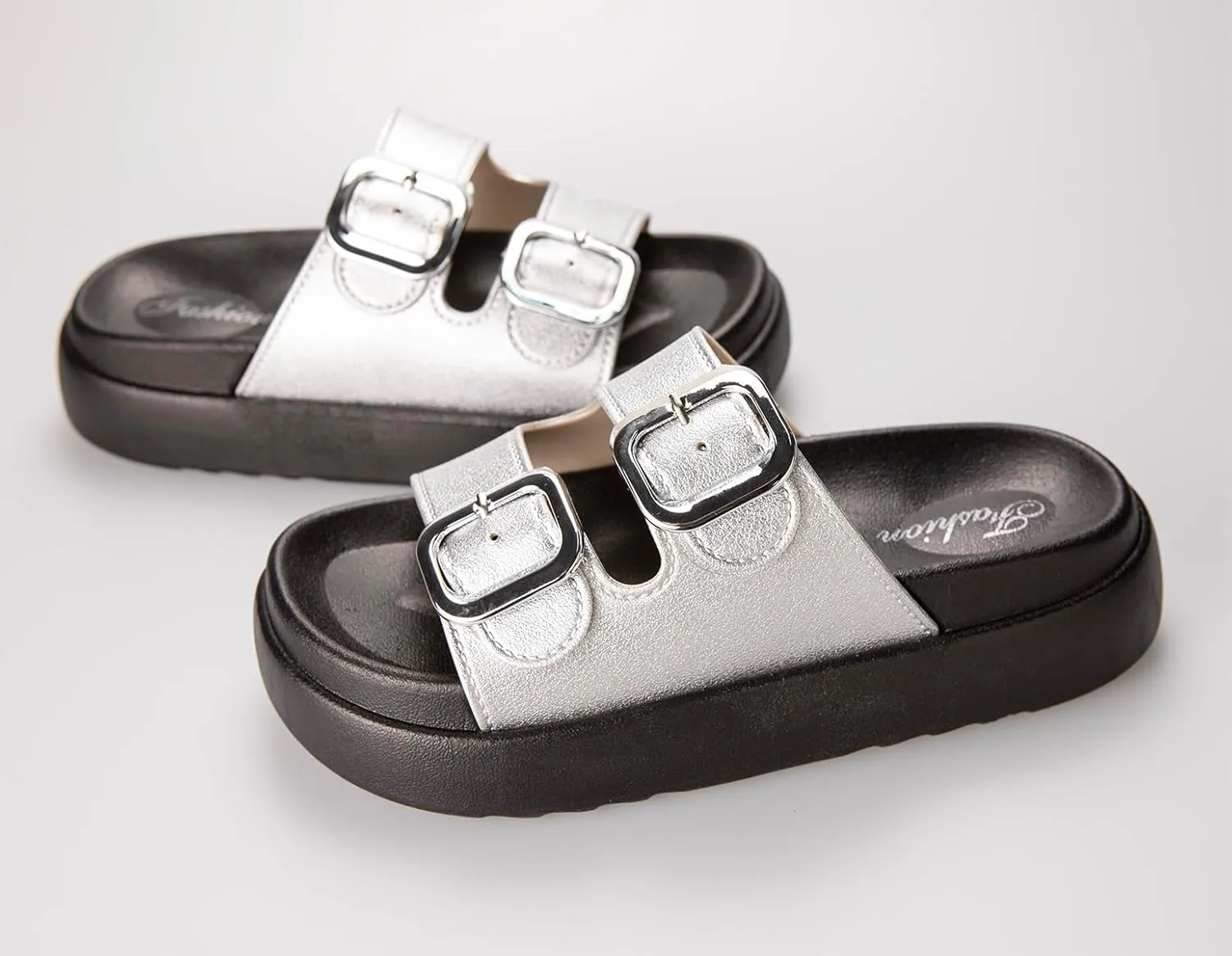 TOCONFFON Women's Fashion Slides Double Buckle Adjustable Platform Sandals Indoor Outdoor Slippers