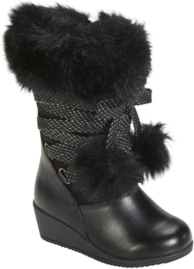 Toddler Girls Black Fashion Boots with Faux Fur Trim