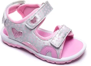Toddler Girls Sandals with Heart Pattern, Silver and Pink, Hook and Loop Closure, Non-slip Sole