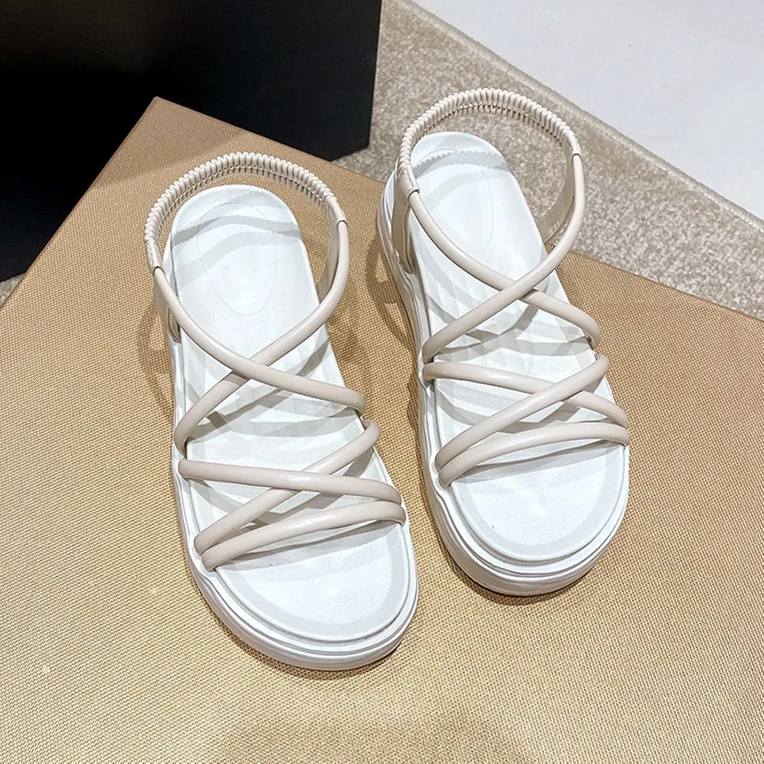 Trendy Women Platform Sandal with Criss-Cross Elastic Straps Casual Dressy Flat Footwear Summer Beach Sandals